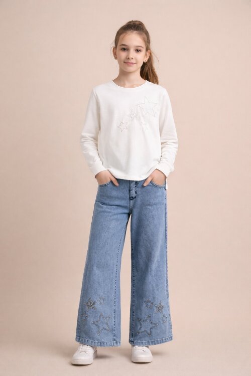 Ekru Yıldız İşlemeli Badili Jean Pantolonlu Kız Çocuk 2li Takım 23742