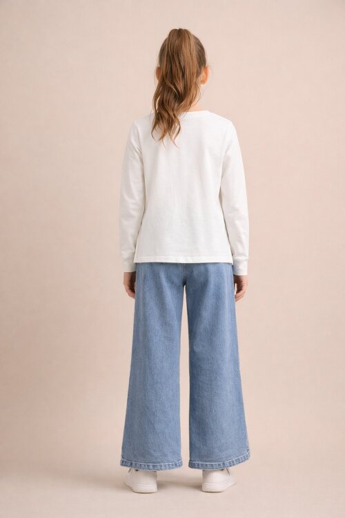 Ekru Yıldız İşlemeli Badili Jean Pantolonlu Kız Çocuk 2li Takım 23742