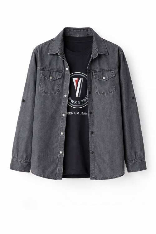 Füme Bisiklet Yaka Tişörtlü Erkek Çocuk Göğüs Cepli Jean Gömlek 20081