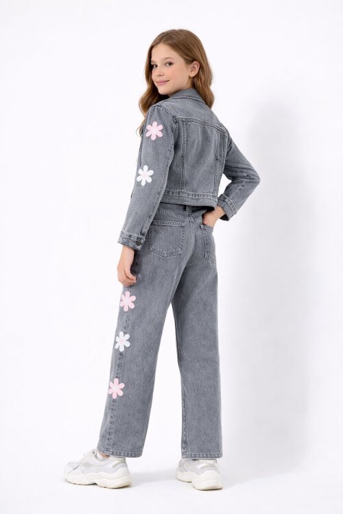 Füme Çiçek Desenli Düğmeli Ceketli Jean Pantolonlu Kız Çocuk Jean Takım 23736