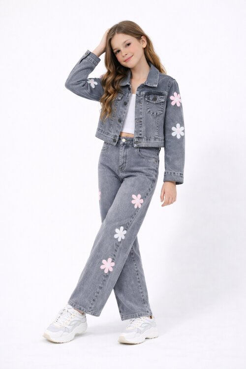 Füme Çiçek Desenli Düğmeli Ceketli Jean Pantolonlu Kız Çocuk Jean Takım 23736