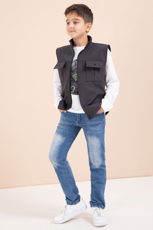 Füme Sıfır Kol Yelekli Badili Erkek Çocuk 3lü Pantolonlu Takım  23489