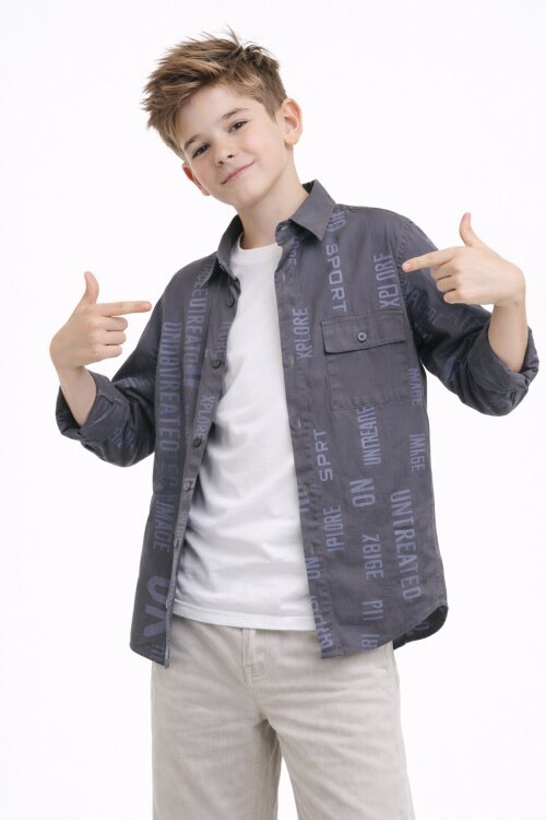 Füme Yazı Baskılı Gömlek Beyaz Tişörtlü Erkek Çocuk 2li Takım 20137