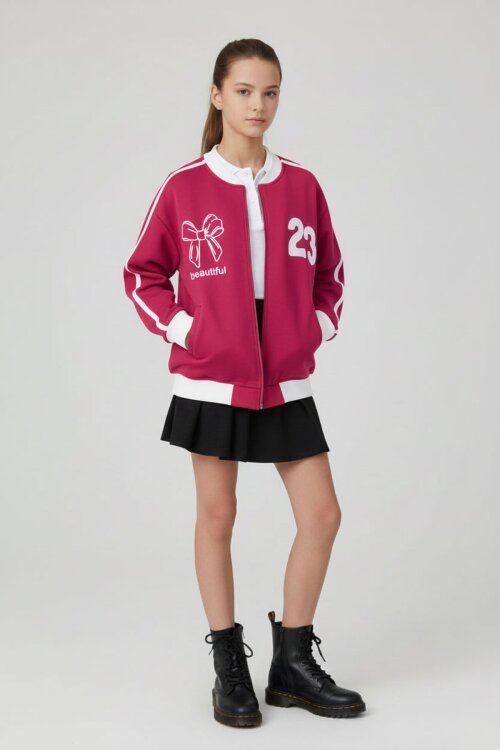 Fuşya Beautifull Yazılı Kolu Şeritli Kız Çocuk Kolej Hırka 21194