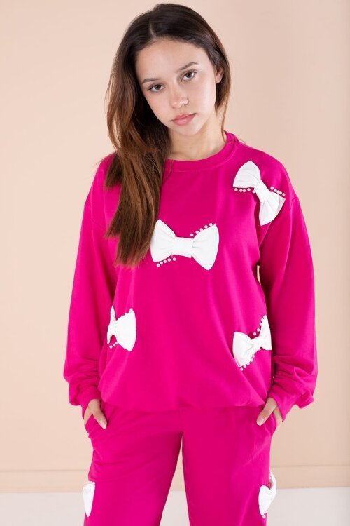Fuşya Fiyonklu İnci Detaylı Kız Çocuk Bisiklet Yaka 2li Eşofman Takımı 21204