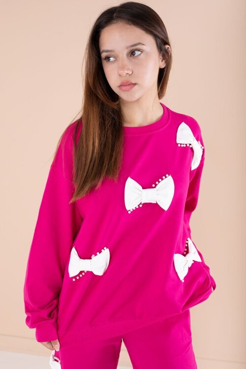 Fuşya Fiyonklu İnci Detaylı Kız Çocuk Bisiklet Yaka 2li Eşofman Takımı 21204