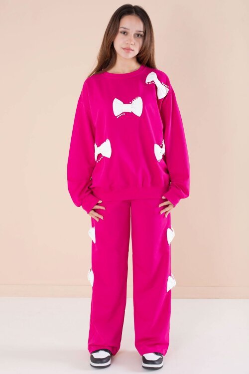 Fuşya Fiyonklu İnci Detaylı Kız Çocuk Bisiklet Yaka 2li Eşofman Takımı 21204
