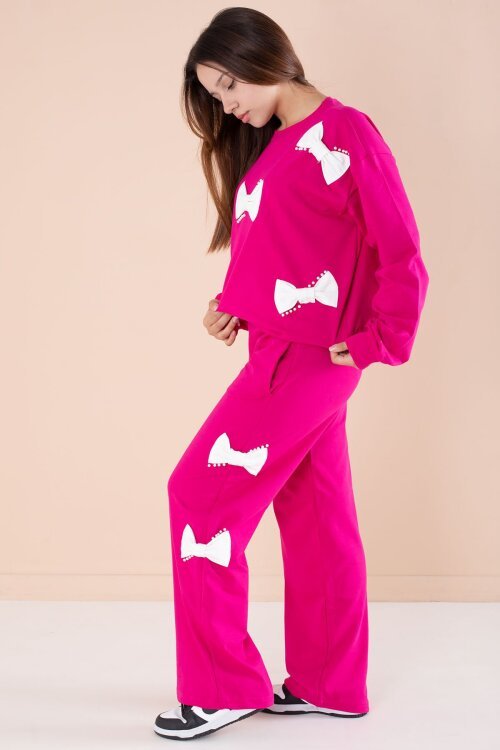 Fuşya Fiyonklu İnci Detaylı Kız Çocuk Bisiklet Yaka 2li Eşofman Takımı 21204