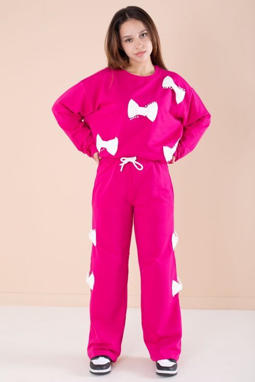 Fuşya Fiyonklu İnci Detaylı Kız Çocuk Bisiklet Yaka 2li Eşofman Takımı 21204