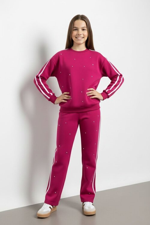 Fuşya İnci İşlemeli Bisiklet Yaka Kız Çocuk Şeritli Eşofman Takımı 21292