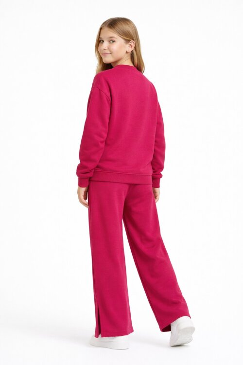 Fuşya Logo Detaylı Düğmeli Hırkalı kız Çocuk Yırtmaçlı 3lü Atl-Üst Takım 21378