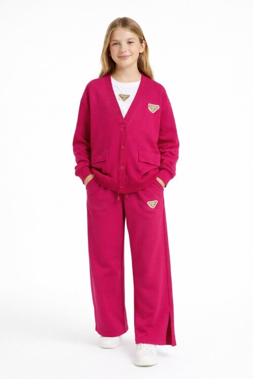 Fuşya Logo Detaylı Düğmeli Hırkalı kız Çocuk Yırtmaçlı 3lü Atl-Üst Takım 21378