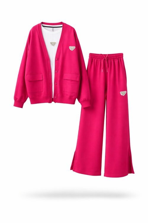 Fuşya Logo Detaylı Düğmeli Hırkalı kız Çocuk Yırtmaçlı 3lü Atl-Üst Takım 21378