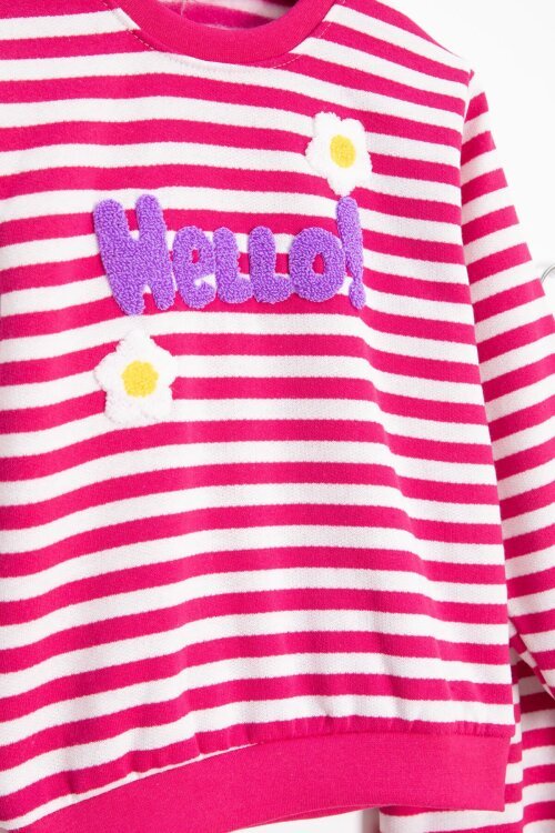 Fuşya Papatya Nakışlı Çizgili Kız Çocuk Takım 23354