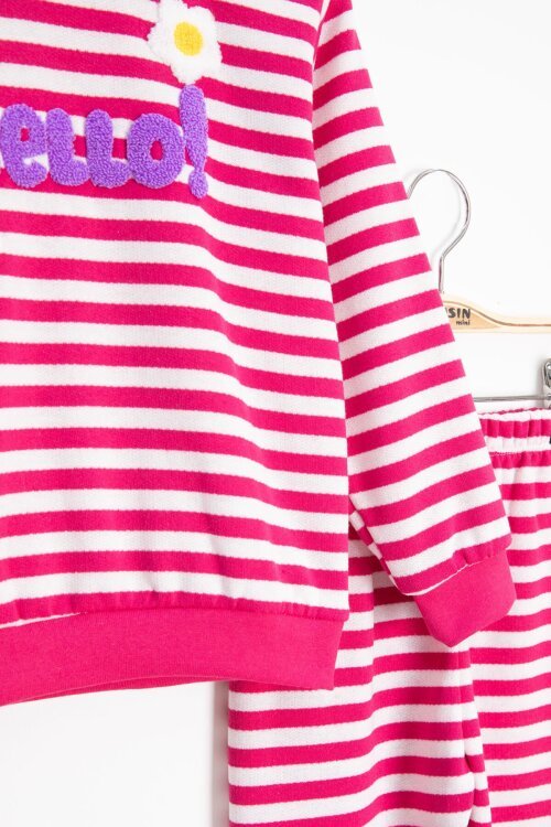 Fuşya Papatya Nakışlı Çizgili Kız Çocuk Takım 23354