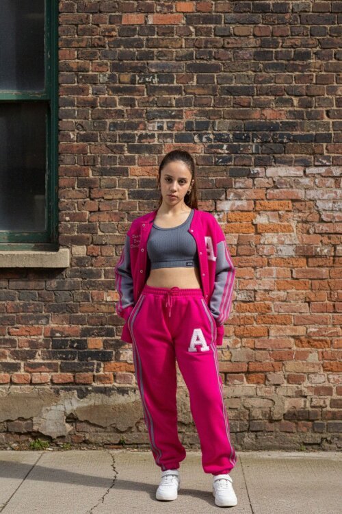 Fuşya Yazılı Kolej Ceketli Kız Çocuk Şeritli 3 İplik Şardonlu Eşofman Takımı 21297