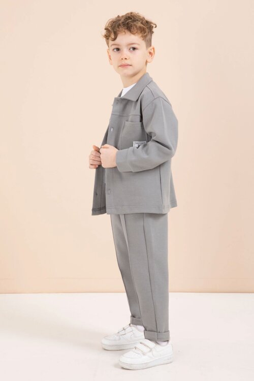 Gri Arma Detaylı Gömlekli Duble Paça Pantolonlu Erkek Çocuk 3lü Takım 23621
