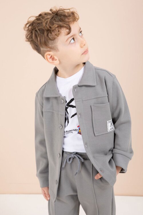 Gri Arma Detaylı Gömlekli Duble Paça Pantolonlu Erkek Çocuk 3lü Takım 23621