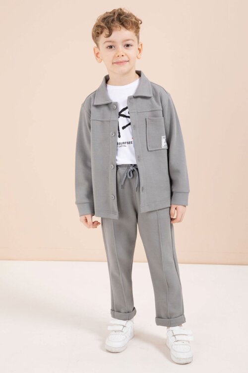 Gri Arma Detaylı Gömlekli Duble Paça Pantolonlu Erkek Çocuk 3lü Takım 23621