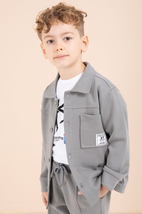 Gri Arma Detaylı Gömlekli Duble Paça Pantolonlu Erkek Çocuk 3lü Takım 23621