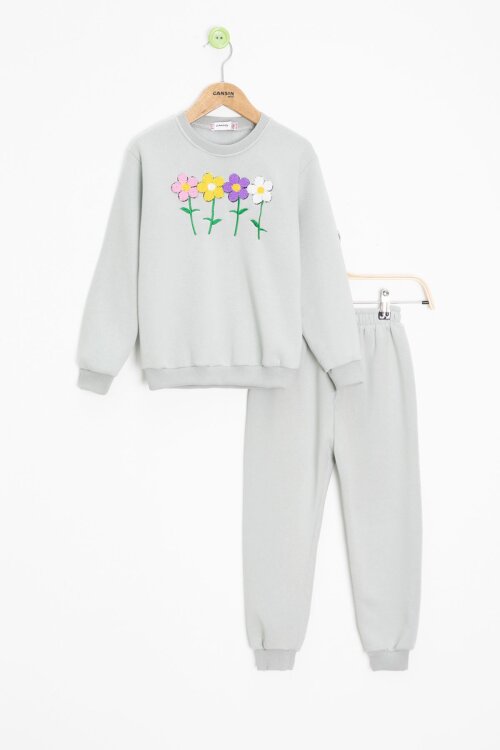 Gri Çiçek Nakışlı Şardonlu Kız Çocuk Eşofman Takımı 23364