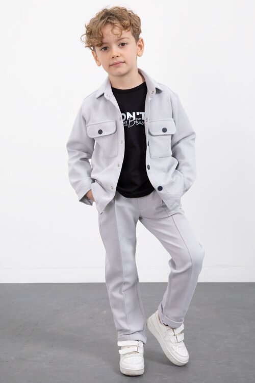 Gri Çıtçıtlı Gömlekli Erkek Çocuk 3lü Tişörtlü Takım  23381