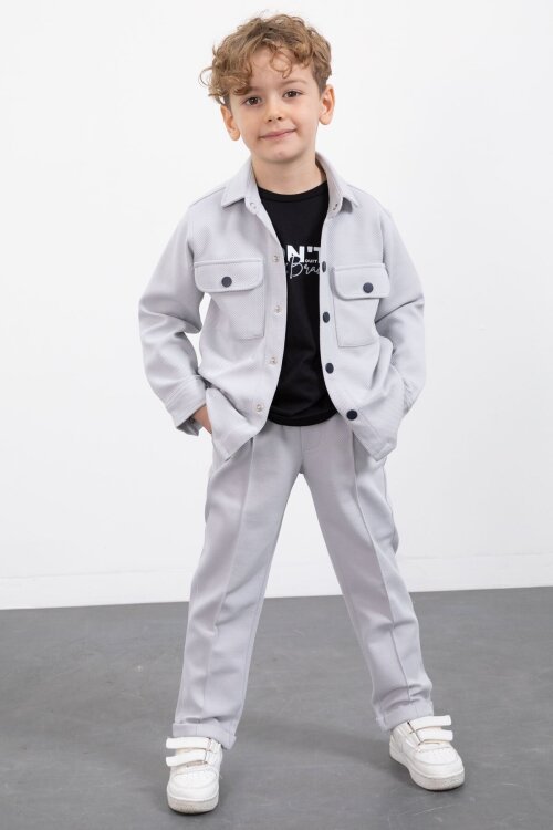 Gri Çıtçıtlı Gömlekli Erkek Çocuk 3lü Tişörtlü Takım  23381