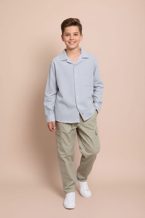 Gri Çizgili Gömlekli Paraşüt Pantolonlu Erkek Çocuk 2li Takım 23263