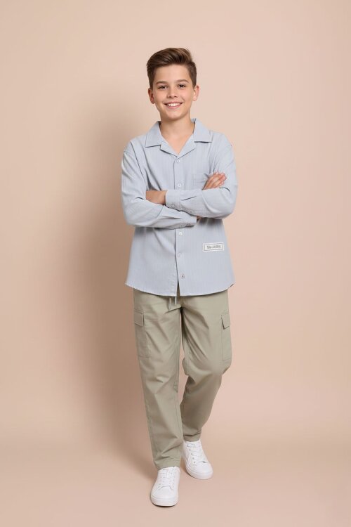 Gri Çizgili Gömlekli Paraşüt Pantolonlu Erkek Çocuk 2li Takım 23263