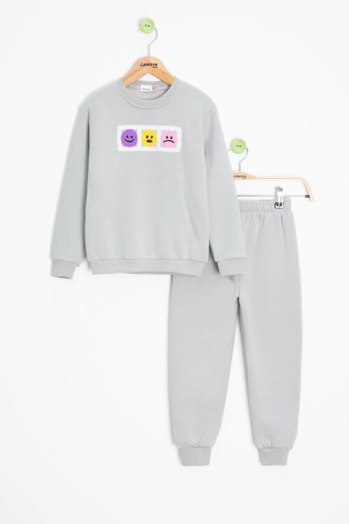 Gri Gülenyüz Nakışlı Şardonlu Kız Çocuk Eşofman Takımı 23357