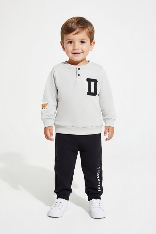 Gri Harf Nakışlı Çıtçıtlı Erkek Bebek Şardonlu Eşofman Takımı 16794
