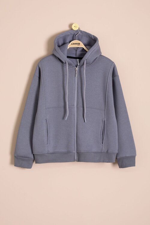 Gri Kız Çocuk Şardonlu Kapüşonlu Hırka 23330