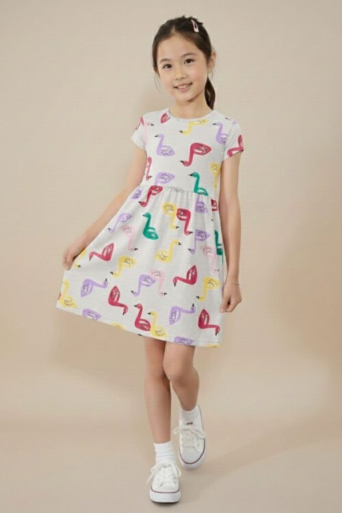 Gri Kuğu Baskılı Kısa Kollu Kız Çocuk Yazlık Elbise