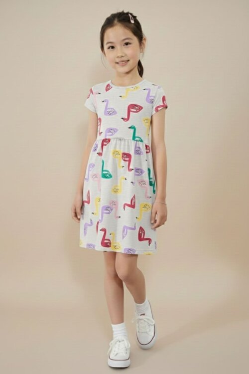 Gri Kuğu Baskılı Kısa Kollu Kız Çocuk Yazlık Elbise