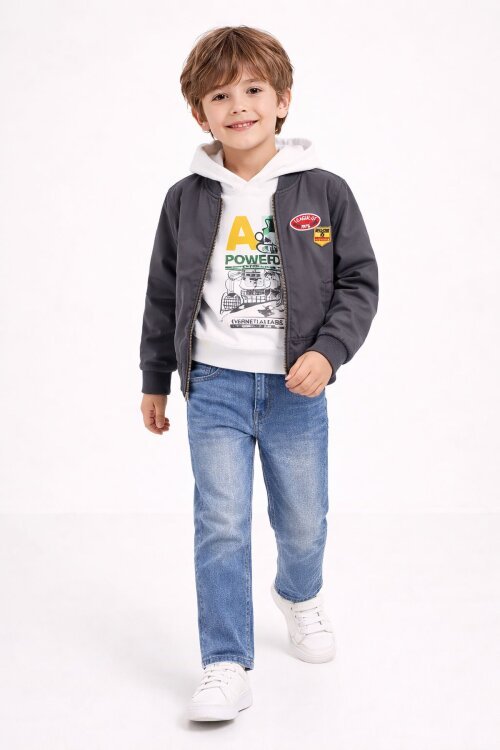 Gri Nakışlı Ceketli Jean Pantolonlu Erkek Çocuk Kapşonlu 3lü Takım 23524