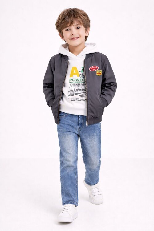 Gri Nakışlı Ceketli Jean Pantolonlu Erkek Çocuk Kapşonlu 3lü Takım 23524