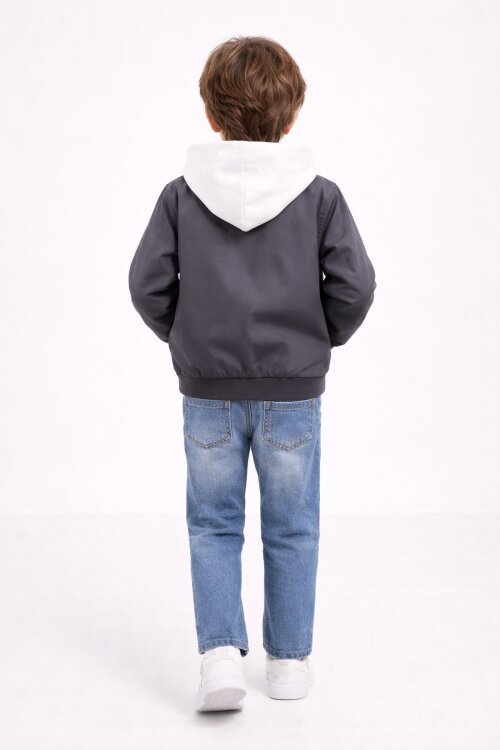 Gri Nakışlı Ceketli Jean Pantolonlu Erkek Çocuk Kapşonlu 3lü Takım 23524