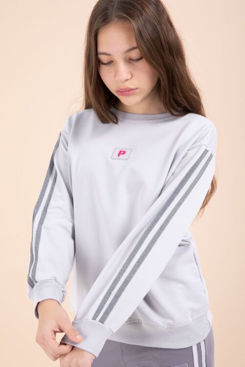 Gri Şerit Detaylı Geniş Paça Nakışlı Kız Oversize Eşofman Takımı 23453