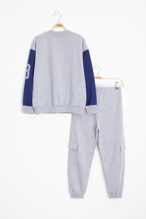Gri Yazı Nakışlı Kolej Ceketli Erkek Çocuk Eşofman Takımı 21223