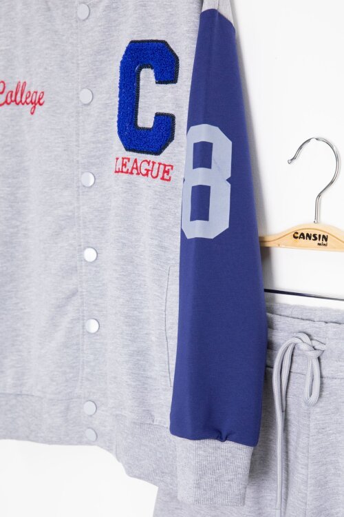 Gri Yazı Nakışlı Kolej Ceketli Erkek Çocuk Eşofman Takımı 21223