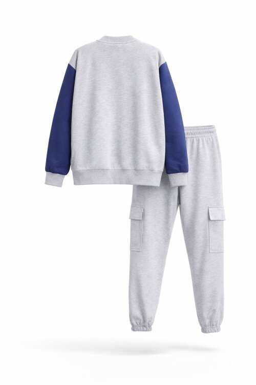 Gri Yazı Nakışlı Kolej Ceketli Erkek Çocuk Eşofman Takımı 21223