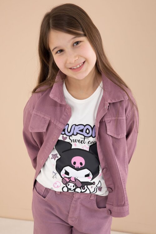 Gül Kurusu Cep Detaylı Ceketli Baskılı Tişörtlü Kız Çocuk 3lü Pantolonlu Takım 23591