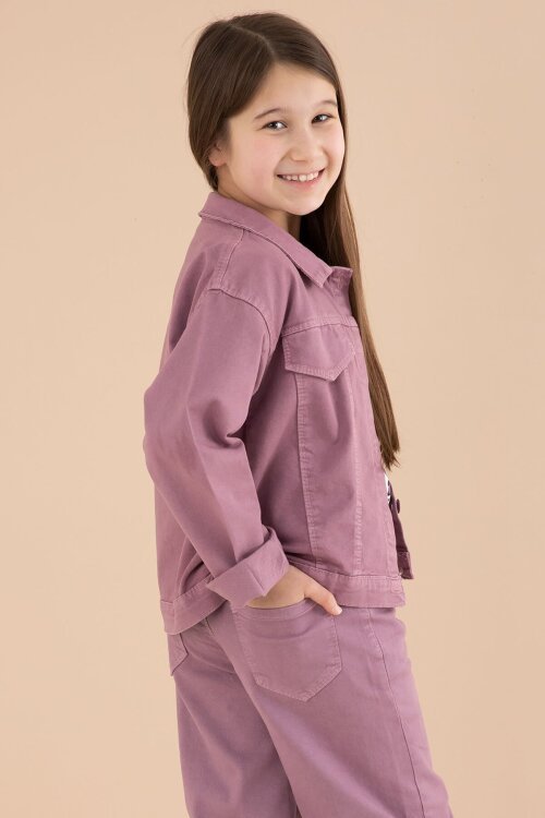 Gül Kurusu Cep Detaylı Ceketli Baskılı Tişörtlü Kız Çocuk 3lü Pantolonlu Takım 23591