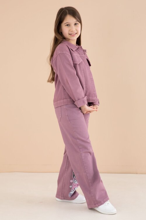 Gül Kurusu Cep Detaylı Ceketli Baskılı Tişörtlü Kız Çocuk 3lü Pantolonlu Takım 23591