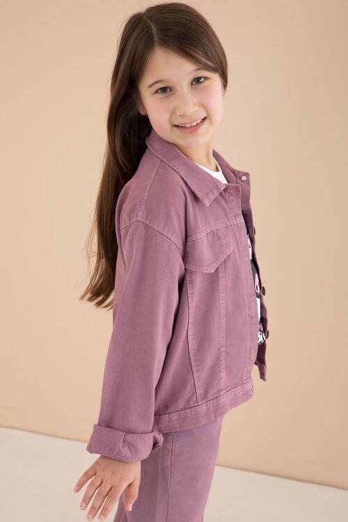 Gül Kurusu Cep Detaylı Ceketli Baskılı Tişörtlü Kız Çocuk 3lü Pantolonlu Takım 23591