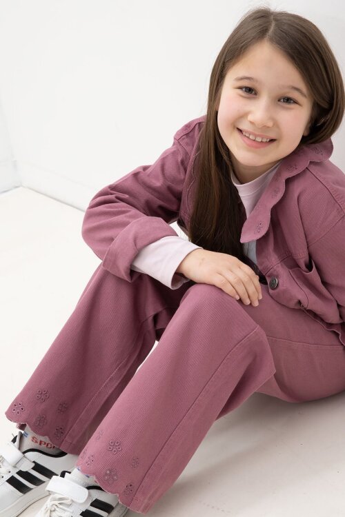 Gül Kurusu Çiçek Yaka Detaylı Ceketli Kız Çocuk Pantolonlu 3lü Takım 23633