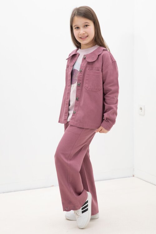 Gül Kurusu Çiçek Yaka Detaylı Ceketli Kız Çocuk Pantolonlu 3lü Takım 23633