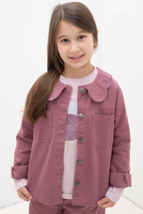 Gül Kurusu Çiçek Yaka Detaylı Ceketli Kız Çocuk Pantolonlu 3lü Takım 23633