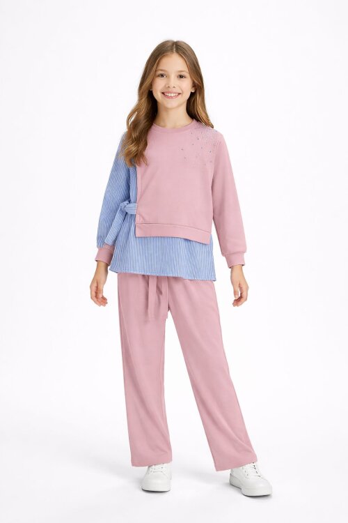 Gül Kurusu Çizgi Desenli Taş Detaylı Bluzlu Kız Çocuk Kuşaklı Pantolonlu 2li Takım 23747
