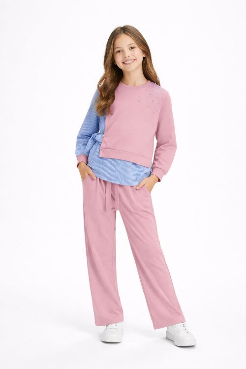 Gül Kurusu Çizgi Desenli Taş Detaylı Bluzlu Kız Çocuk Kuşaklı Pantolonlu 2li Takım 23747